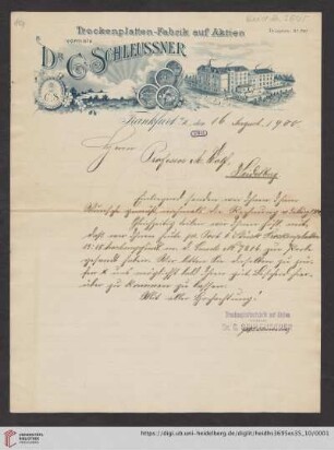 Brief von Carl Schleussner von Dr. C. Schleussner AG (Frankfurt, Main) an Max Wolf