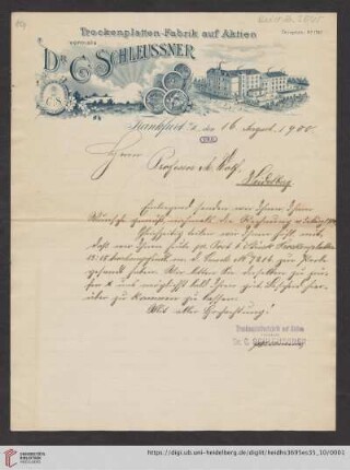 Brief von Carl Schleussner von Dr. C. Schleussner AG (Frankfurt, Main) an Max Wolf