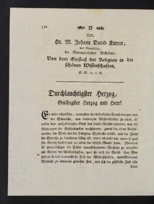 552-559, XIII. Hr. M. Johann David Kurrer, Von dem Einfluß der Religion in die schönen Wissenschaften