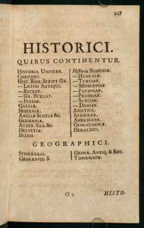 Historici. Quibus continentur. Geographici.