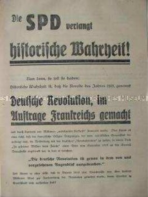 NSDAP-Wahlflugblatt über die Zusammenhänge zwischen SPD, Frankreich und der "Deutschen Revolution" von 1918.