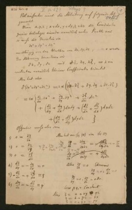 Versuch die allgemeine Grundformel für die Wirkung galvanischer Ströme zu entwickeln [Titel laut Katalog Theo Gerardy] 1836 [und ohne Datum]