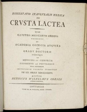 Dissertatio Inauguralis Medica De Crusta Lactea