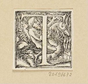 Buchstabe T, Figur mit Flügeln auf einem Tier, Initiale zu einem römischen Majuskel-Alphabet