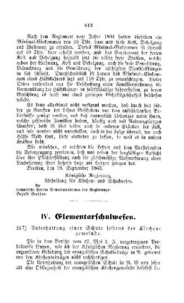 Unterhaltung einer Schule seitens der Kirchengemeinde : [V. Elementarschulwesen]