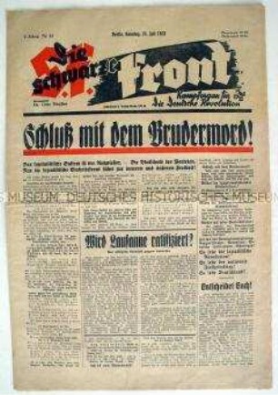 Wochenzeitung der NSDAP-Opposition "Die schwarze Front" mit dem Appell zur Bildung einer "sozialistischen Einheitsfront" gegen das System der Weimarer Republik