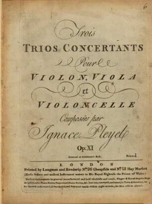 Trois trios concertants pour violon, viola et violoncelle : op. XI