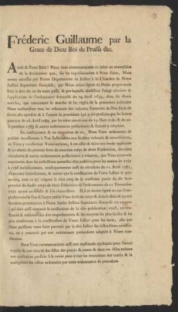 Fréderic Guillaume par la Grace de Dieu Roi de Prusse &c.