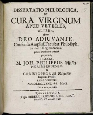 2: Dissertatio Philologica, De Cura Virginum Apud Veteres .... 2