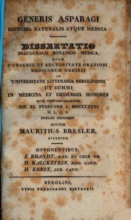 Generis asparagi historia naturalis atque medica : dissertatio inauguralis botanico-medica