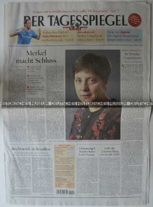 Tageszeitung "Der Tagesspiegel" mit Titel zum angekündigten Rücktritt Angela Merkels als CDU-Vorsitzende