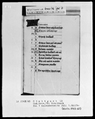 Niederdeutsches Stundenbuch (Lüning-Bergheim-Gebetbuch) — Kalenderseite, Juli 1. Hälfte, Folio 7recto