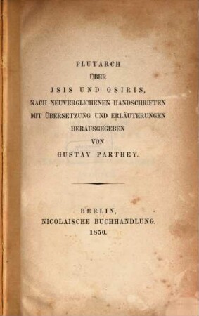 Plutarch Über Jsis und Osiris