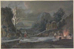 Winterlandschaft im Mondschein, rechts unterhalten Bauern ein großes Feuer
