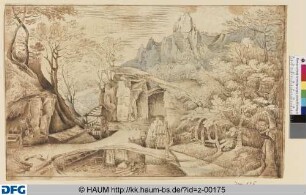 Gebirgslandschaft mit Brücke und Hütten im Vordergrund