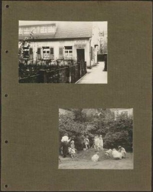 Kindergarten-Gebäude; Kinderspiel im Garten.
