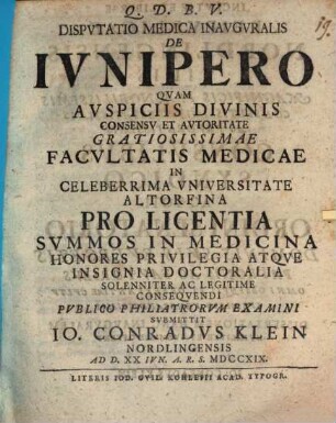 Dispvtatio Medica Inavgvralis De Ivnipero