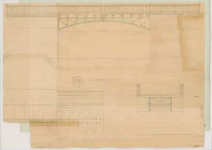 Schmiedeeiserne Bogenbrücke Monatskonkurrenz Juni 1861: Grundriss (Ausschnitt), Aufriss Seitenansicht, Querschnitt; Maßstabsleiste