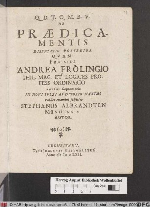 De Praedicamentis Disputatio Posterior