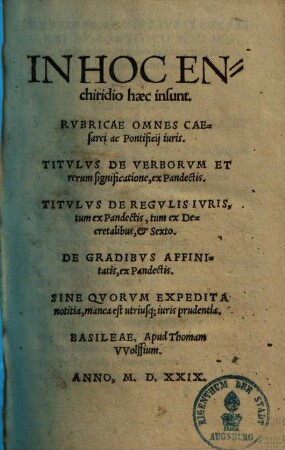 In hoc enchiridio haec insunt Rubricae omnes Caesarei ac portificii juris ...
