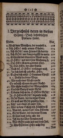 I. Verzeichnüß deren in diesem Gesang-Buch befindlichen Psalmen-Lieder.