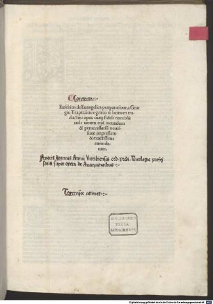 Praeparatio evangelica : mit Inhaltsverzeichnis, Gedichten und Nachwort an Albertus Vonicus von Hieronymus Bononius