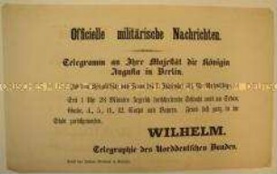 Offizielle militärische Nachrichten. Telegramm an Königin Augusta von Preußen; 1. Sept. 1870