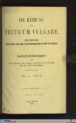 Die Keimung von Triticum vulgare : ein Beitrag zur Lehre von der Stoffwanderung in den Pflanzen