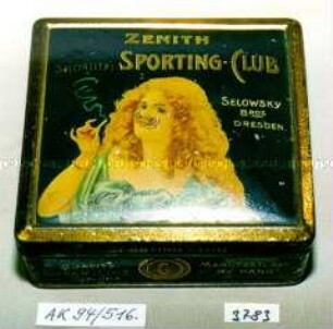 Blechdose für 100 Stück Zigaretten "ZENITH SPECIALITY: SPORTING-CLUB SELOWSKY BROS DRESDEN" (Abbildung: Brustbild einer jungen Frau mit Zigarette)