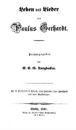 Leben und Lieder von Paulus Gerhardt