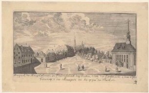 Dresden-Friedrichstadt, Blick in die Friedrichstraße nach Südosten, rechts die evangelische Matthäuskirche, links das alte Ostravorwerk, die Menagerie und Bildmitte die Katholische Hofkirche