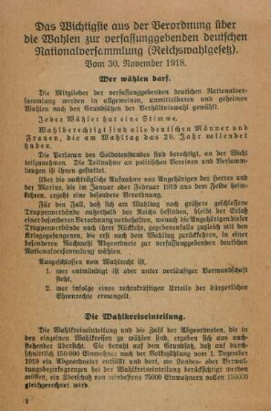 Das Wichtigste aus der Verordnung über die Wahlen zur verfassunggebenden deutschen Nationalversammlung (Reichswahlgesetz). Vom 30. November 1918.