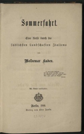 Sommerfahrt : eine Reise durch die südlichsten Landschaften Italiens
