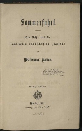 Sommerfahrt : eine Reise durch die südlichsten Landschaften Italiens
