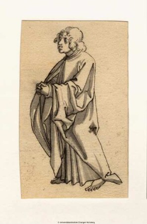 Evangelist Johannes (?), mit gefalteten Händen nach links schreitend (von einem Kanonblatt)