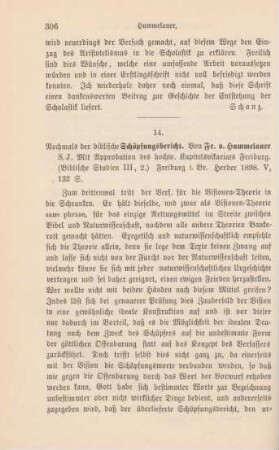 306-308 [Rezension] Hummelauer, Franz von, Nochmals der biblische Schöpfungsbericht