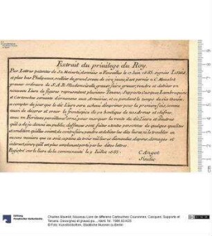 Nouveau Livre de differens Cartouches Couronnes, Casques, Supports et Tenans. Dessignez et grauez par C. Mauelot ... Ouurage vtile aux Peintre.s ... Il se vend chez le dit Mauelot ... [Privileg:] 1685.