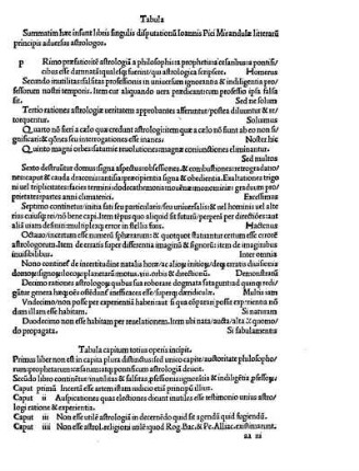Tabula Summatim hæc insunt librís singulis disputationu[m] Ioannís Pici Mirandulæ lítteraru[m] principis aduersus astrologos.