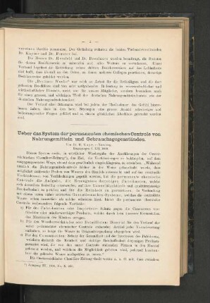 Ueber das System der permanenten chemischen Controle von Nahrungsmitteln und Gebrauchsgegenständen.
