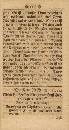 Die Neundte Frage. (p.53.) Ob die Lutherische Kirche von Geist Gottes regieret werde?