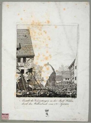 Die Verwüstungen durch das Hochwasser nach einem Wolkenbruch am 1. September 1822 in der Stadt Wehlen in der Sächsischen Schweiz
