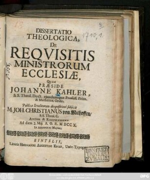 Dissertatio Theologica, De Reqvisitis Ministrorum Ecclesiæ
