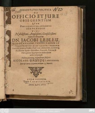 Dissertatio Politica De Officio Et Iure Obsequentium