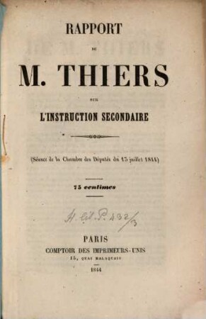 Rapport sur la loi d'instruction secondaire : Fait au nom de la Commission de la Chambre des Députés dans la séance du 13 juillet 1844