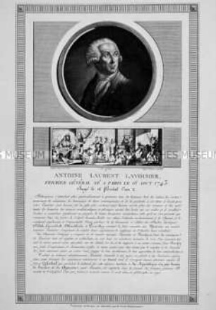 Porträt des Generalsteuerpächters Antoine Laurent de Lavoisier/ Verhaftung durch das Revolutionskomitee in seinem Labor am 5. Mai 1794 (aus einer Porträtfolge zur Französischen Revolution)