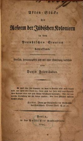 Akten-Stücke, die Reform der jüdischen Kolonieen in den Preußischen Staaten betreffend