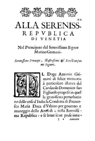 Alla Sereniss. Republica di Venetia