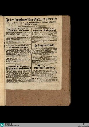 Karlsruher Tagblatt, In der Creuzbauer'schen Buchh. in Carlsruhe sind nachstehende nützliche, in neuen verbesserten Auflagen erschienene Bücher zu haben