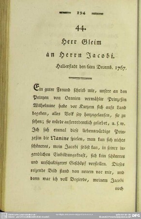 44. Herr Gleim an Herrn Jacobi. Halberstadt den 6ten Decemb. 1767