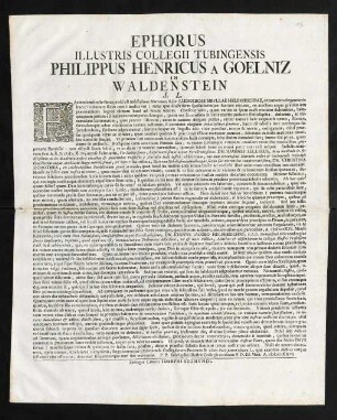 Ephorus Illustris Collegii Tubingensis Philippus Henricus A Goelniz, In Waldenstein L. S.